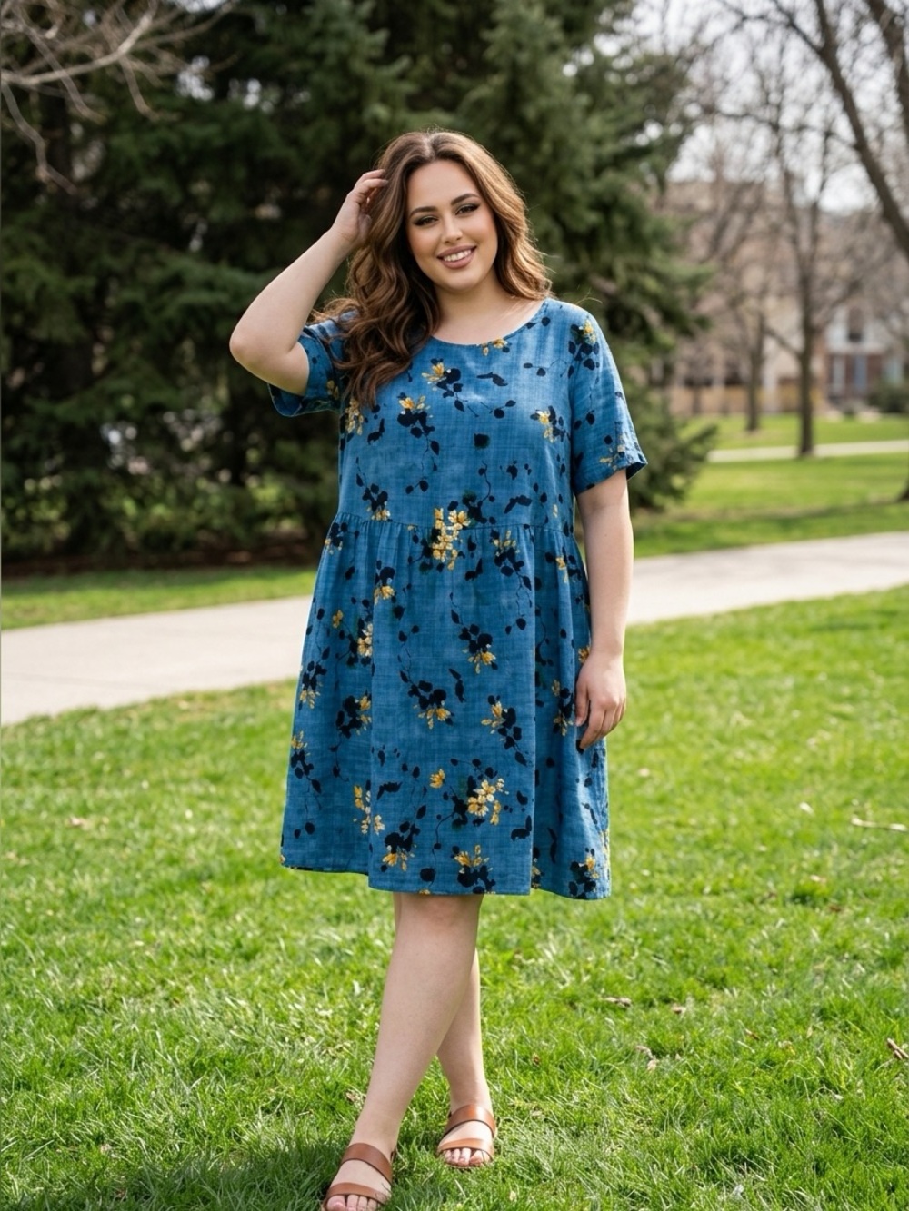 Floral Tie-Dye Blue Short Sleeve Mini Dress
